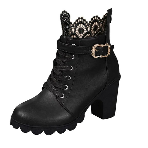 KELINFONG Womens Lug Sole Ankle Boots Block Heels Lace up Boots Sexy Lace Back Zipper Shoes