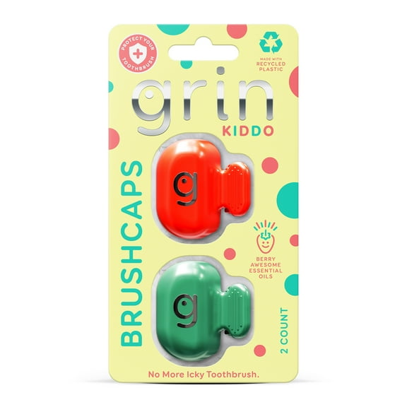 Grin Brushcaps Kiddo - 2 ct - Children’s Toothbrush Covers, Infused Berry Essential Oils, Recycled Plastic, Clips on Standard and Electric Toothbrushes, Reusable & Hygienic (2 Pack)