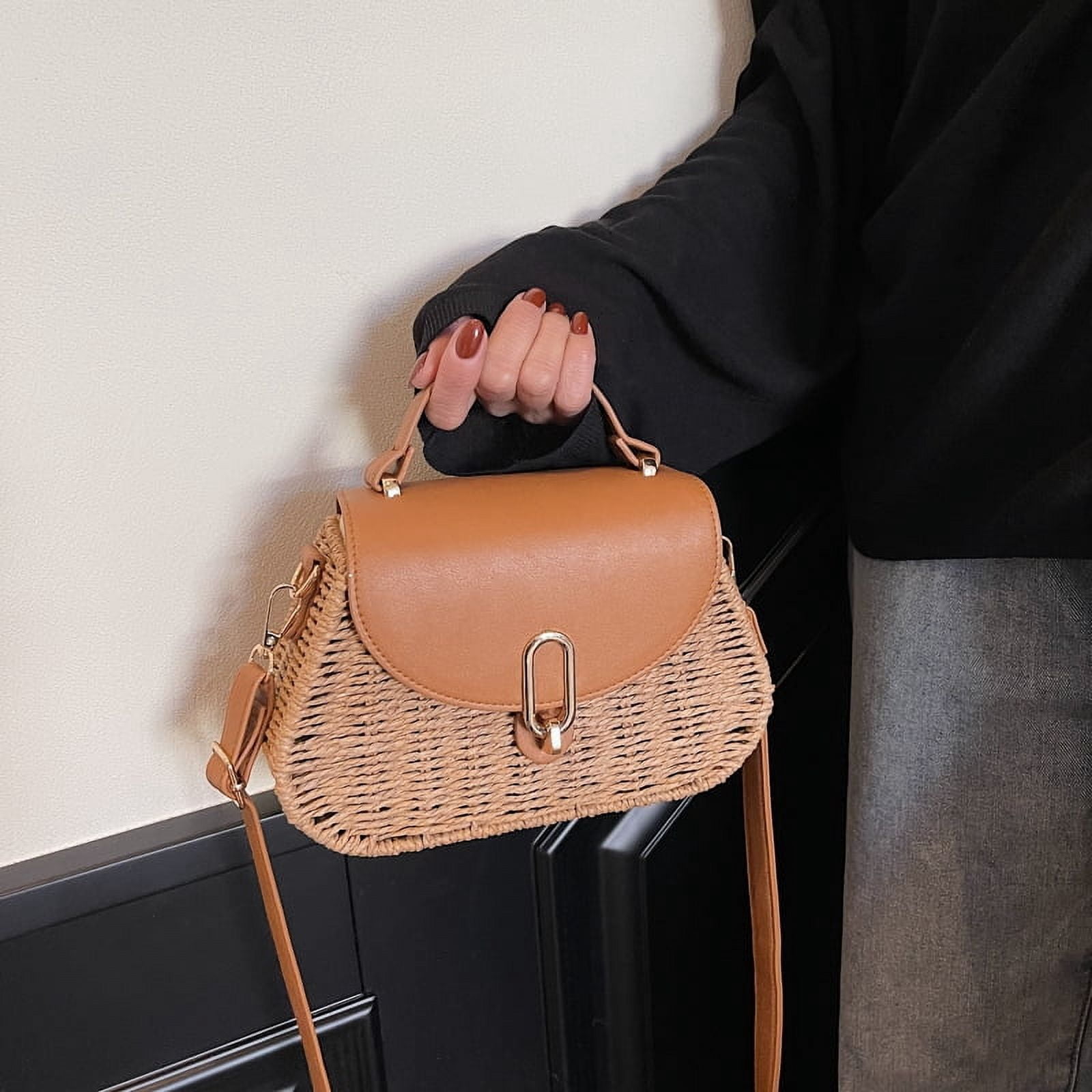 Straw Bags for Women, Handmade Straw & PU Crossbody Bag Summer Beach Shoulder Bag (Camel)