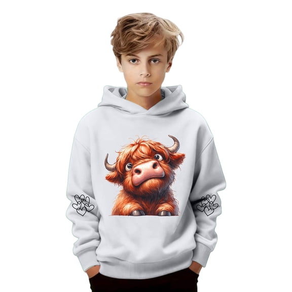 Hoodie for Little Boys Cute Cow Print Hooded Sweatshirt Long Sleeved Pullover with Pocket Jacket Fall Outfits 2026 ,Size 5-6T , White