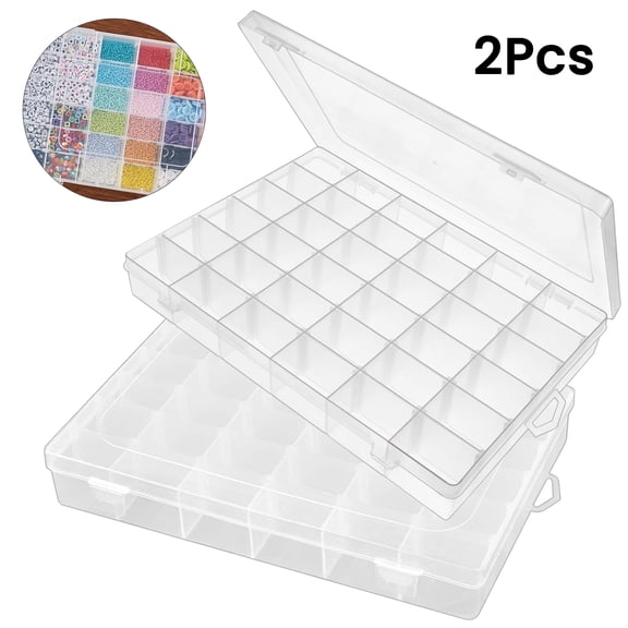 Deally 2 Pack 36 Grids Clear Plastic Bead Organizer Box, Fishing Tackle Box Compartment Organizer with Adjustable Dividers for Jewelry, Art Craft, Bead Storage Containers with 5 Sheets Label Stickers
