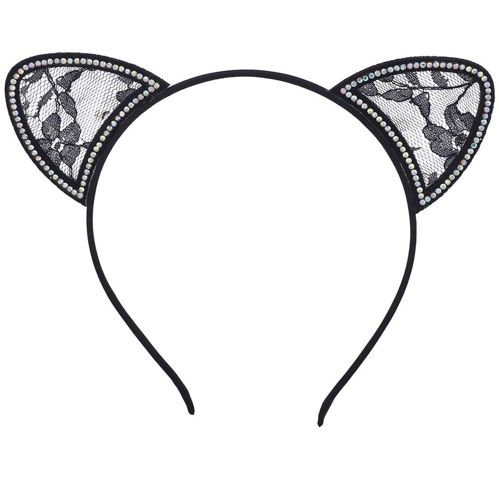 Lux Accessories Black Lace Cat Ear Crystal Halloween Costume Accessory