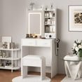 thumbnail image 1 of White Makeup Vanity Desk with Mirror and Lights, Vanity Table Set with Charging Station, Dressing Table with Stool, 2 Drawers, Open Shelves, Power Outlets & USB Ports, Vanity Desk with RGB Cabinets, 1 of 8
