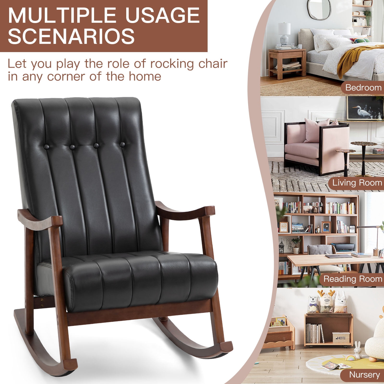 AVAWING Upholstered Rocking Chair, Modern High Back Armchair, Adult Single Sofa, Old Man Chair, Black