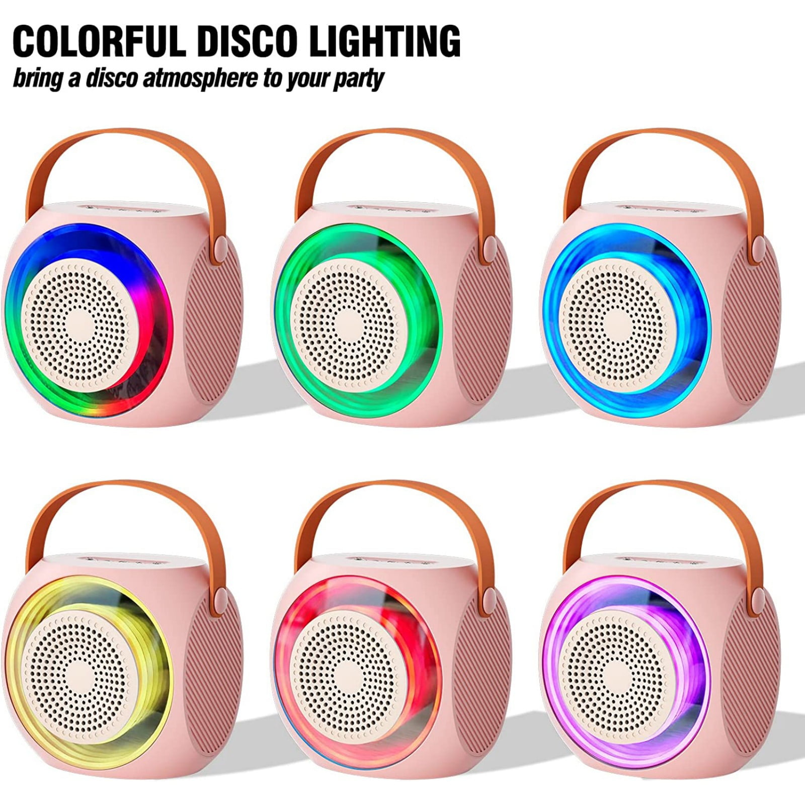 Mini Karaoke Machine, Portable Wireless Speaker with 2 Wireless Microphones, Compatible with Bluetooth-Enabled Devices, for Children and Adults, with LED Lights.-Pink