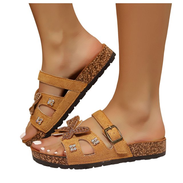 Sandales à Enfiler Papillon avec Strass pour Femmes 2025 Plage Scintillantes Semelle en Liège Robe Marche Claquettes Pantoufles