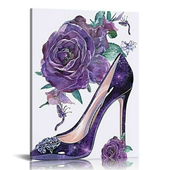 PRATYUS African Woman Canvas Wall Art African American Woman Poster Fashion Perfume Wall art Purple Flower Prints Black Girl Painting African Girl Artwork High Heel Pictures Wall Decor