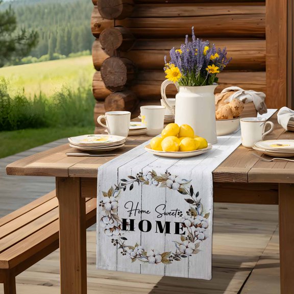 Farmhouse Wreath Berry Sweet Home Table Runner 13x90in Non-Slip Cotton Linen Table Runners, Vintage Wood Grain Dresser Scarves TableRunner for Dinner Kitchen Dining Wedding Party