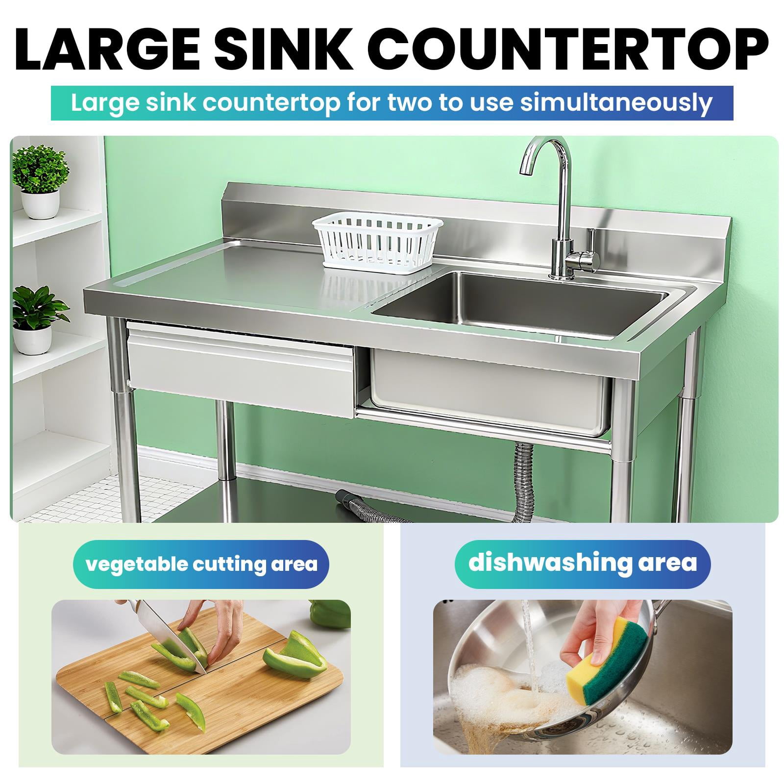 1-Drawer Kitchen Sink, Stainless Steel Commercial Sink With Workbench And Bottom Shelf,Free Standing Utility Sink With Hot And Cold Water Connection,For Garage Or Laundry Room