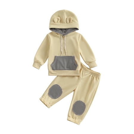

Suanret 2Pcs Toddler Baby Boys Girls Fall Outfits Long Sleeve Striped Pocket Hoodie Tops Pants Set Infant Clothes Khaki 12-18 Months