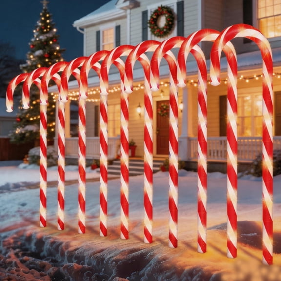 30" 10PK 120LED Christmas Candy Cane Pathway Lights Outdoor Yard Decoration 8 Lighting Modes Flashing Outdoor Thicken Lighted Christmas Candy Decor for Garden