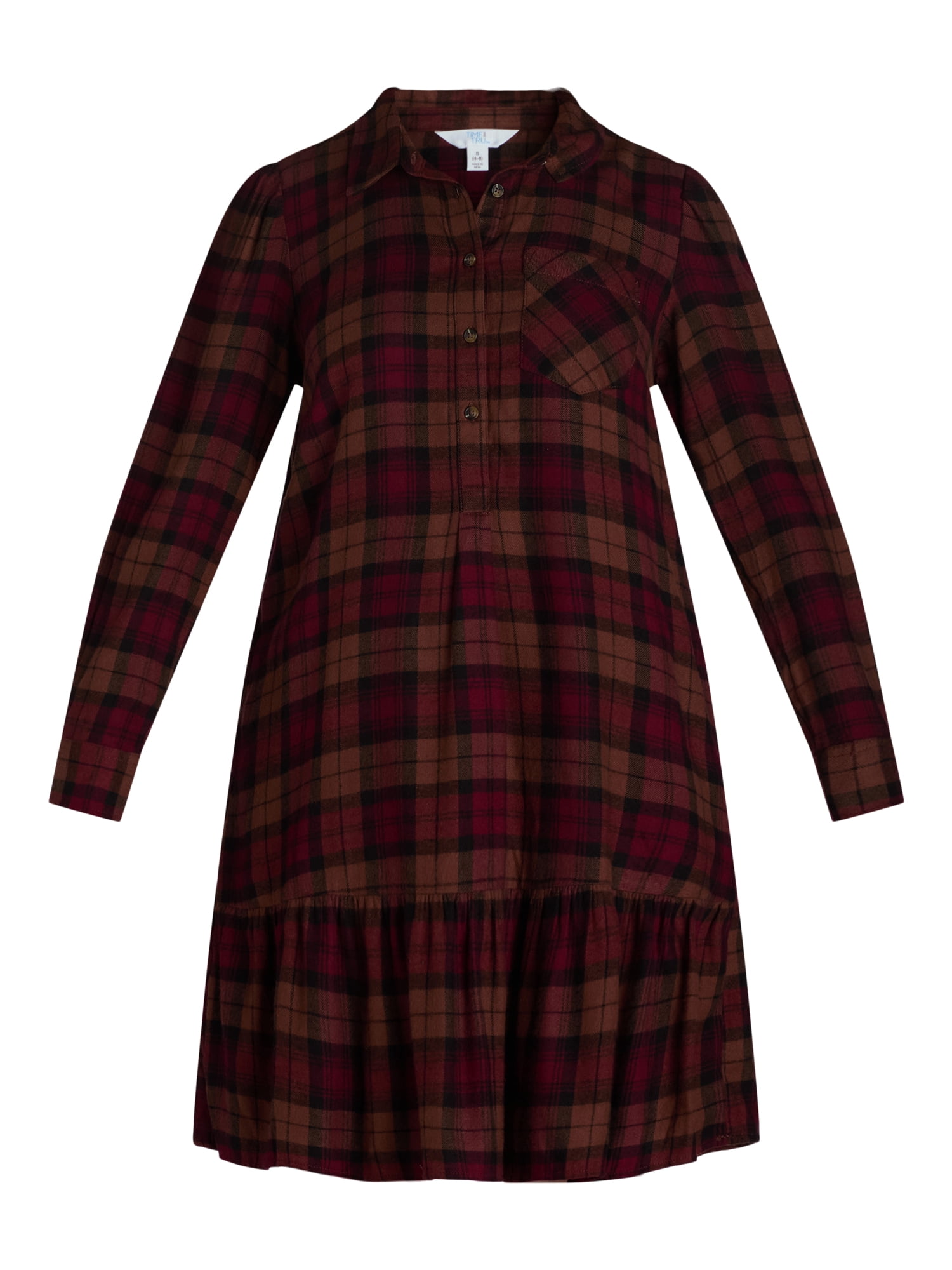 Time and Tru Women's Plaid Mini Dress with Long-Sleeves, Sizes XS-XXXL