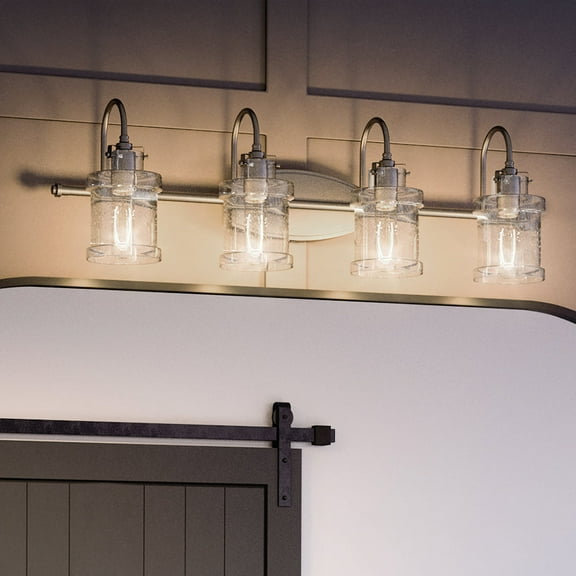 Luxury Modern Farmhouse Indoor Bath Fixture, 9.75''H x 32.00''W, with Vintage Style Elements, Traditional Design, Brushed Nickel Finish and Clear Seeded Glass, UQL3984