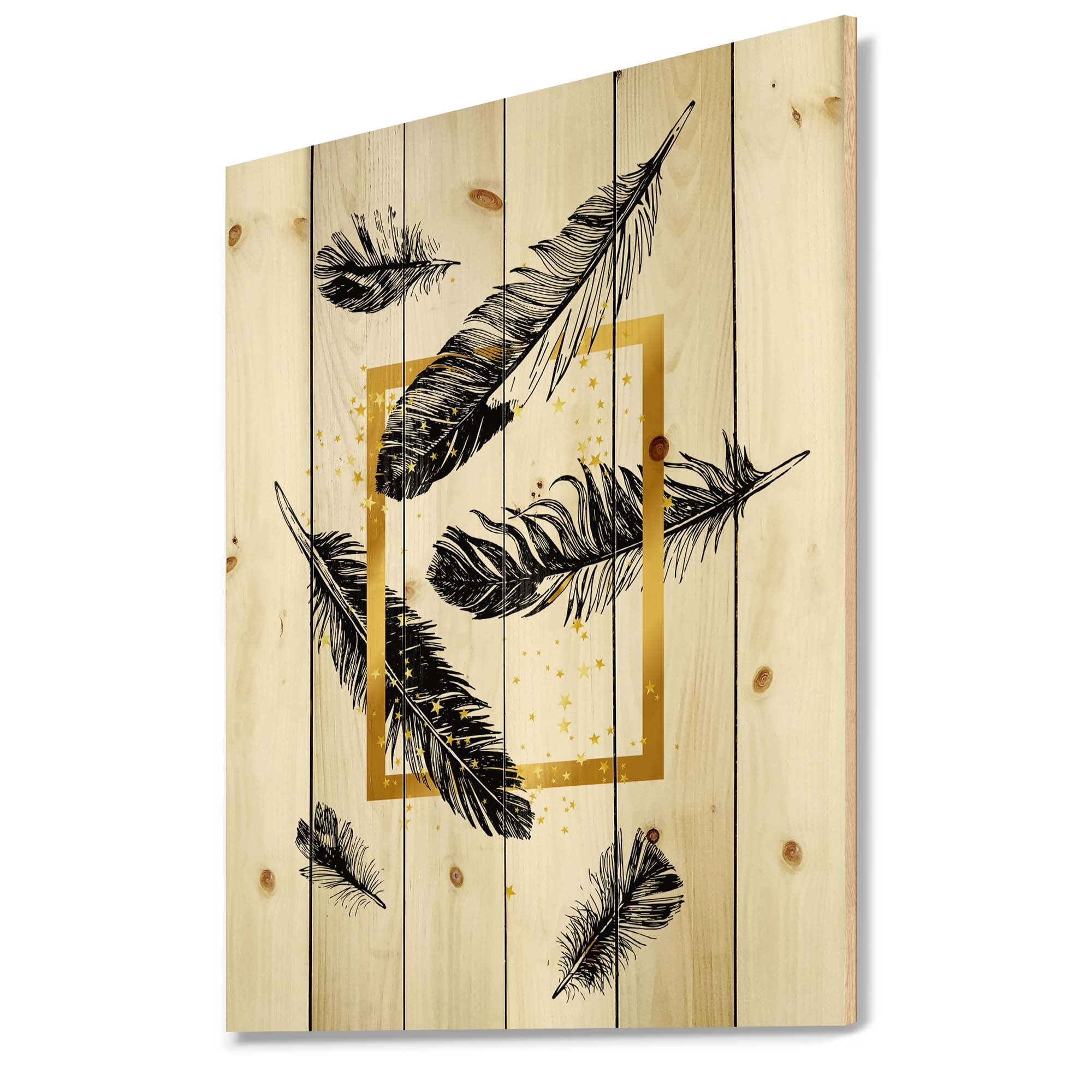Designart 'Feathers and Golden Frame' Bohemian & Eclectic Print on Natural Pine Wood
