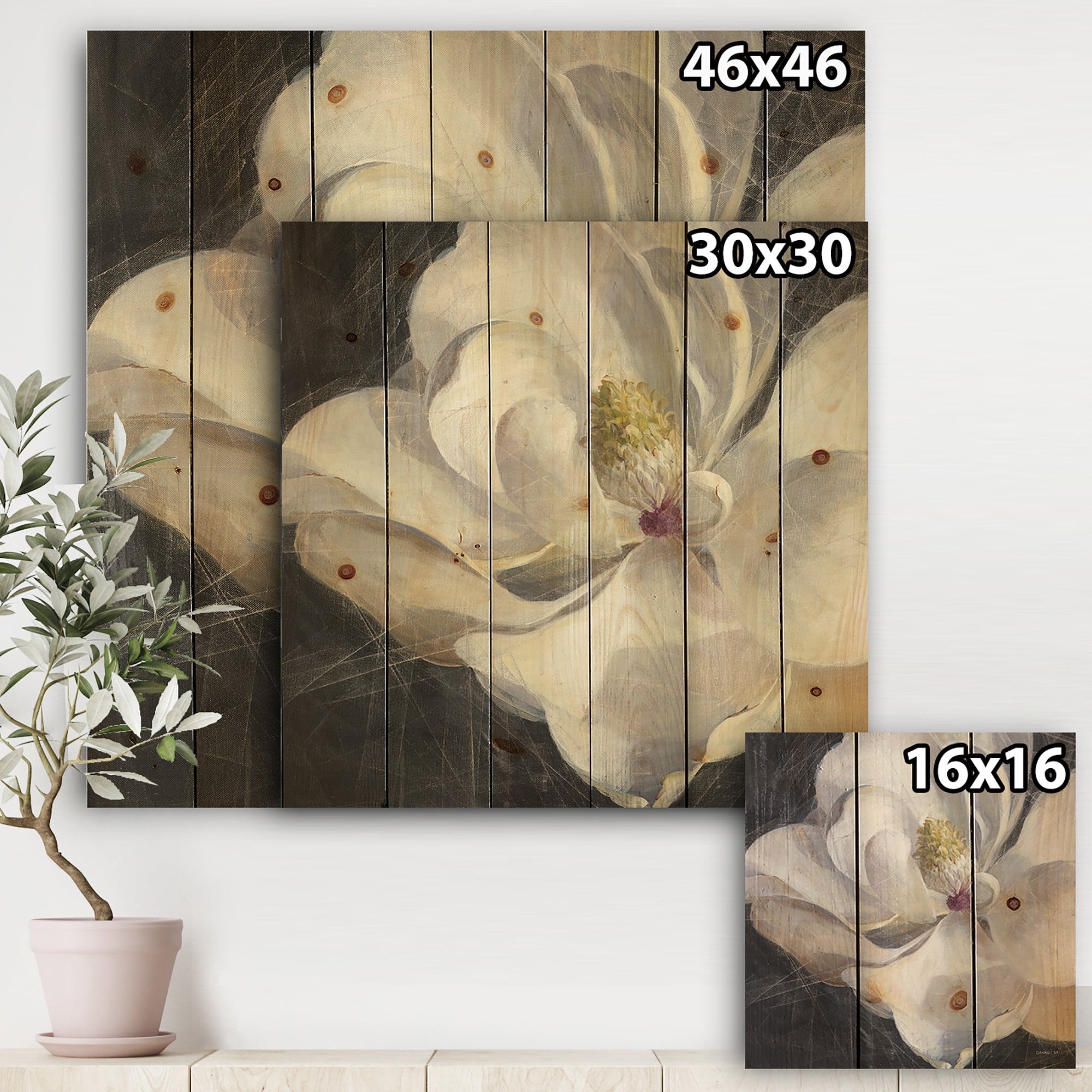 Designart 'Vivid White Magnolia IV' Shabby Chic Print on Natural Pine Wood