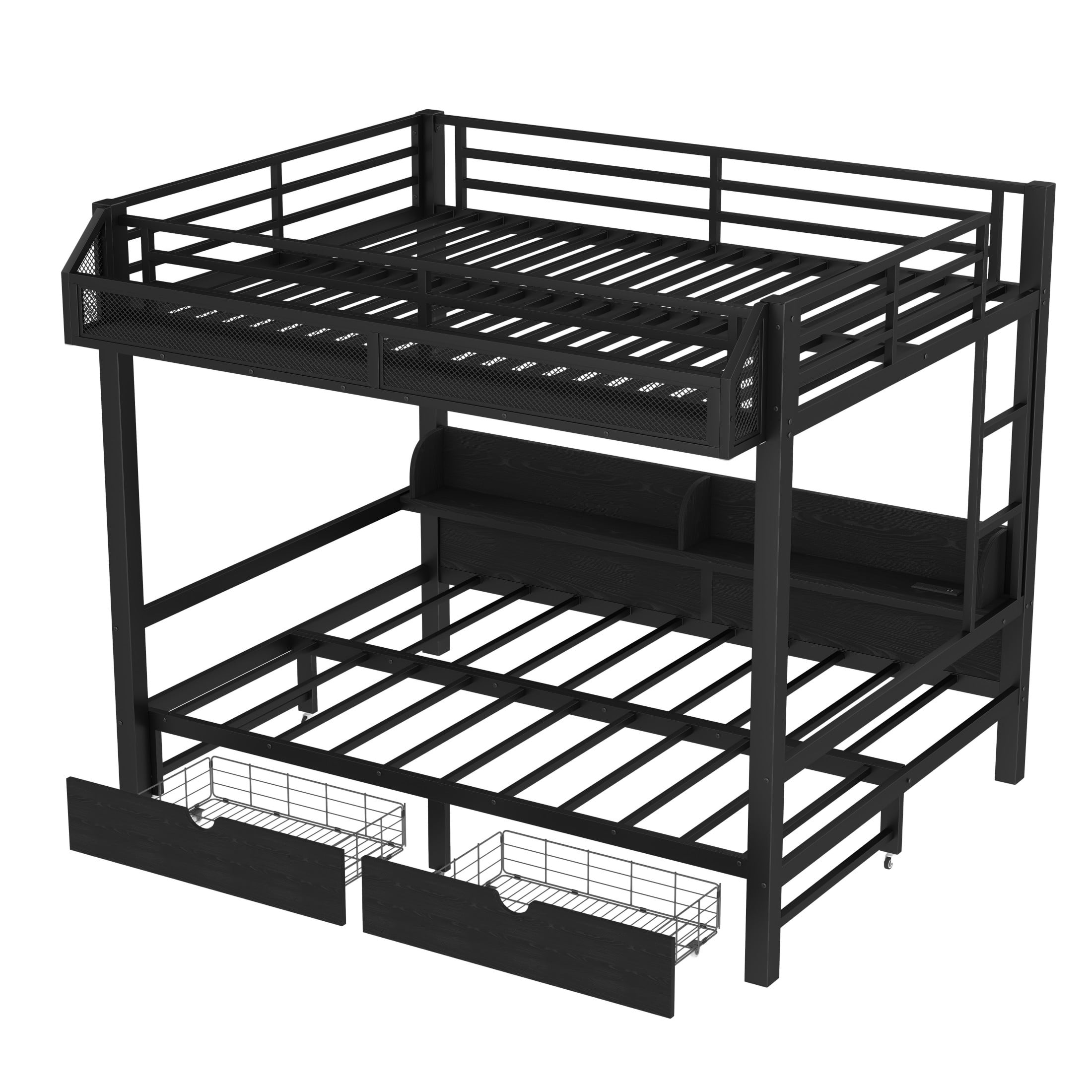 Aukfa Queen over Queen Metal Bunk Bed with Storage Drawers, Shelves, USB Ports & LED Lights, Convertible Bottom Sofa Bed, Heavy-Duty Bed Frame for Kids Teens Adults, Black