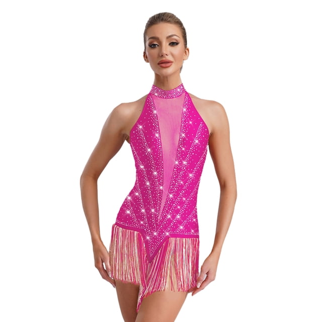 RUNQHUI Robe de Danse de Salon Sans Manches à Franges Brillantes Salsa Tango Col en V Lyrique Jazz HotPink TTG