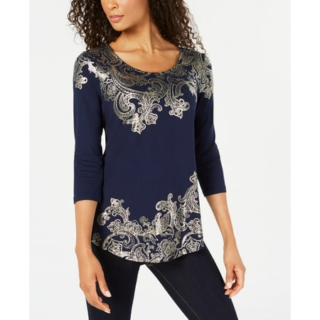 JM Collection Women's 3/4 Sleeve Scoop-Neck Top Navy Size Medium