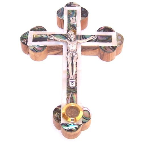 18 cm or 7 inches Thick Grade A Olive Wood 14 Stations Crucifix with Holy Land Samples and Mother of Pearls Decoration 