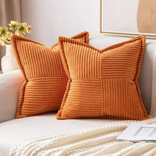 Corduroy Pillow Covers with Splicing Set of 2 Soft Boho Striped