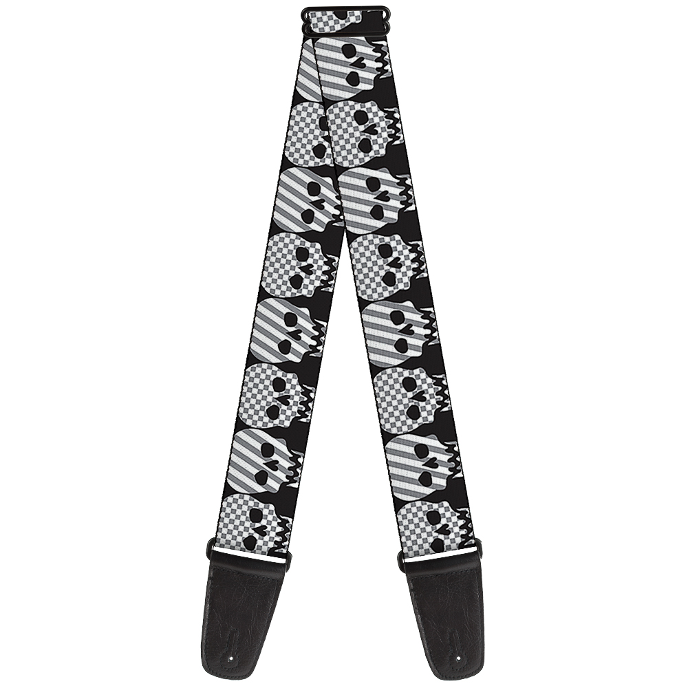 Buckle-Down Guitar Strap, Checker Stripe Skulls Black White Gray, 2 Inches Wide