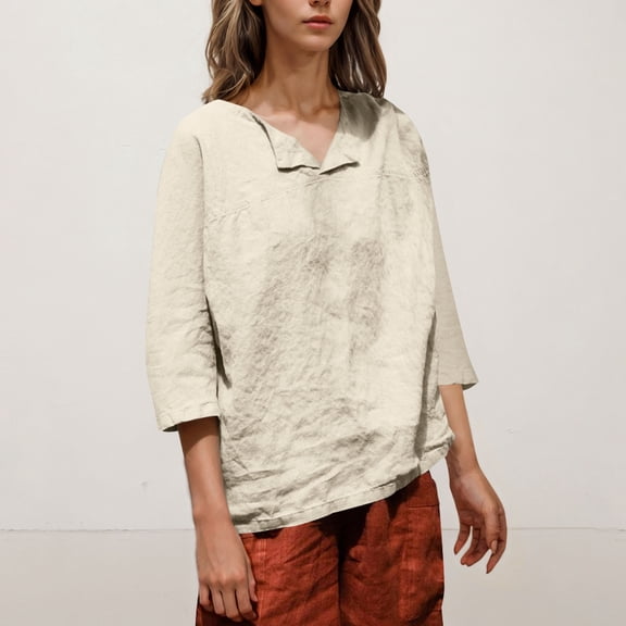 Viluyesy V-Neck T-Shirt for Womens 3/4 Sleeves Shirt Tops Fashionable Cotton Loose Blouse Beige Size S