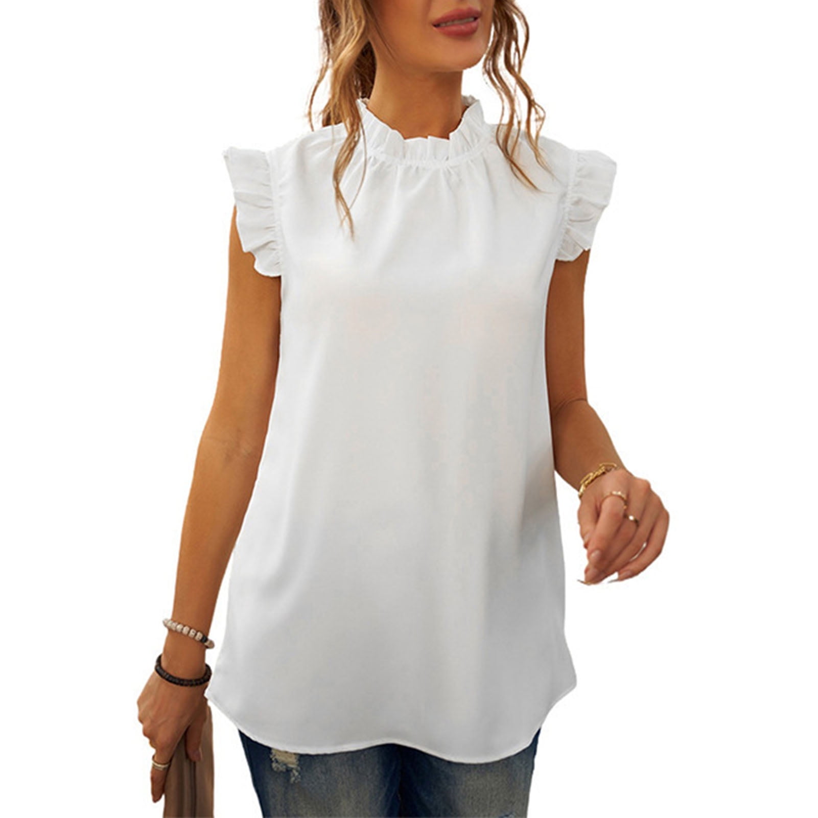 White Frill Trim Casual Dressy Top Summer Ruffle Cap Sleeve