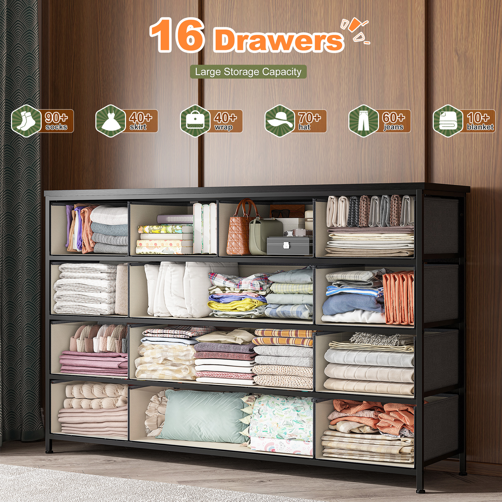 Romorgniz Dresser TV Stand, 13 Drawer Dressers for Bedroom, Chest of Drawers for 45" Long TV, Fabric Dresser for Storage, Gray