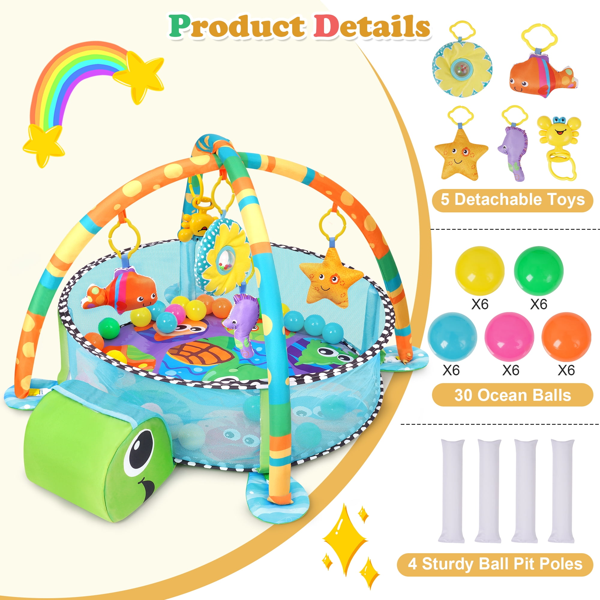 Babyeap 3-in-1 Baby Gym and Play Mat, Baby Activity with Ocean Ball Sensory Toys, 0-36 Months
