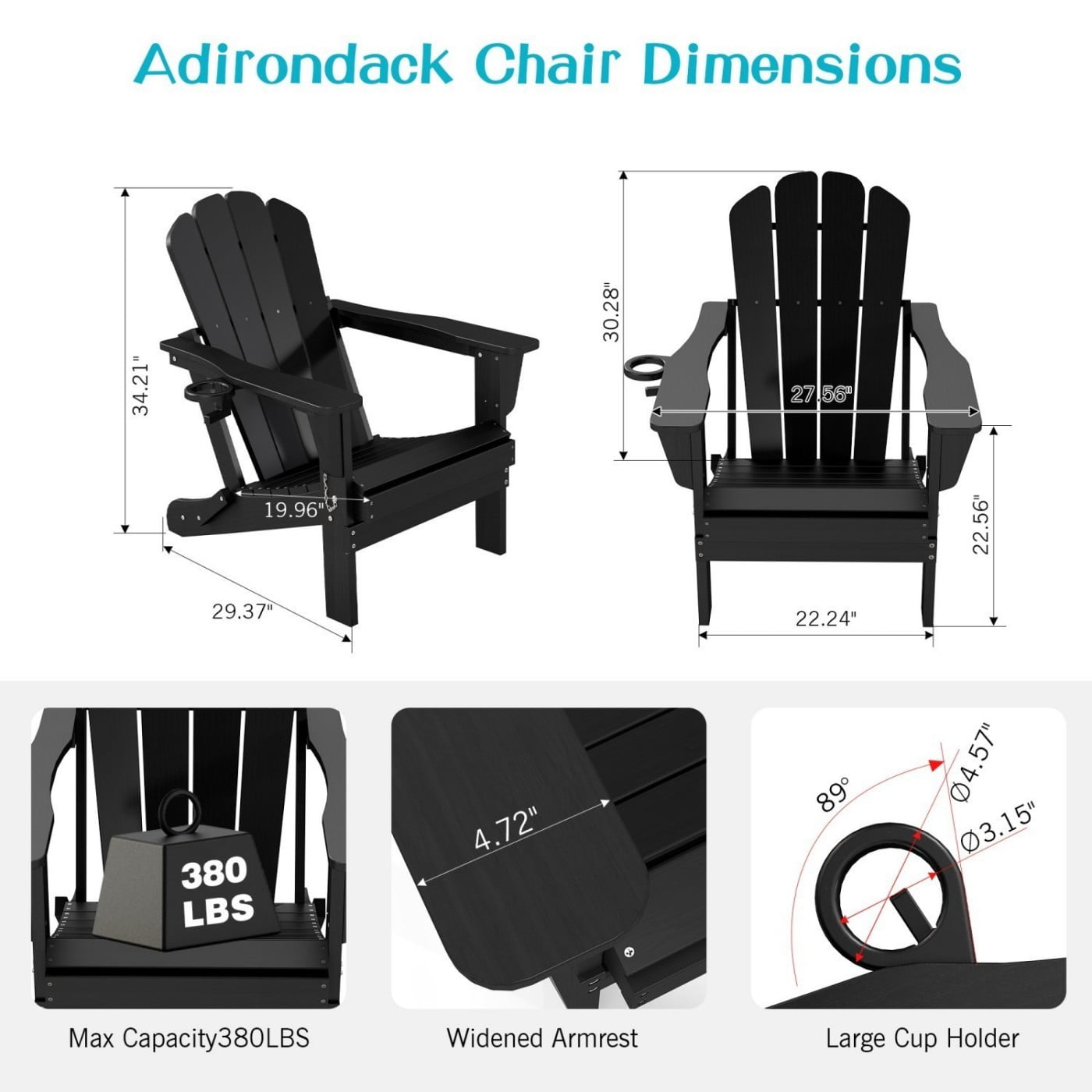 Folding Adirondack Chair, HDPE Outdoor Chair with Cup Holder, Weather Resistant Patio Chair with Wood Grain Finish for Lawn, Deck, Fire Pit, Black