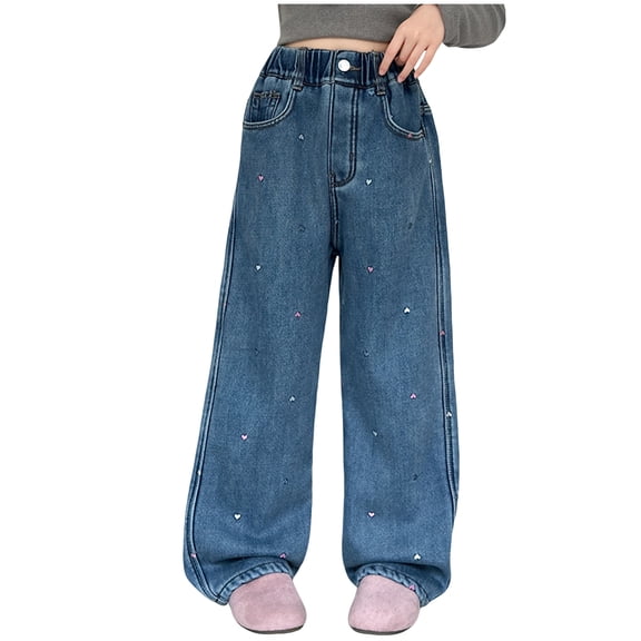 Staki Bow Jeans Girls Star Applique Jeans Elastic Band Straight Leg Jeans with Pockets Vintage Streetwear Aesthetic Teen Clothes 4-9Y 10-14Y(Blue,10-11 Years)