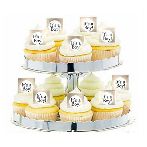 24pk Baby Shower Its a Boy Houndstooth Edible Cupcake Decoration Toppers / Picks