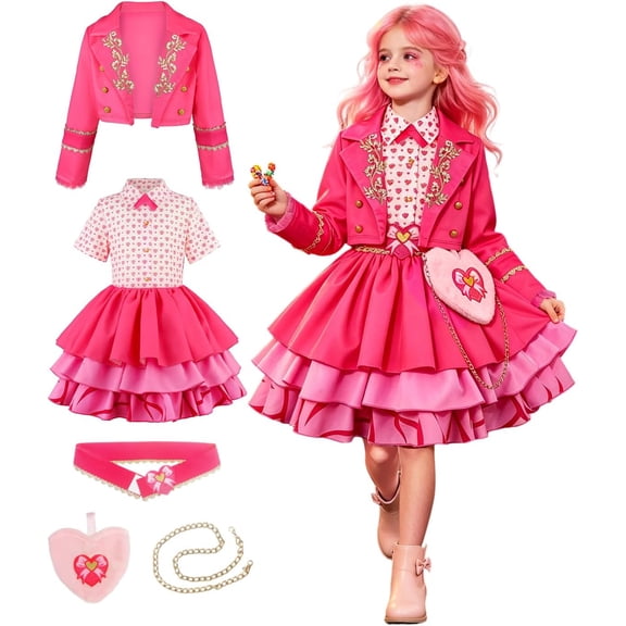 Satmonnus G'irls Pink Princess Dress Costumes, K'ids Pink Costume Contains Coat, Dress, Waist Belt, Heart Bag & Chain for Cosplay, Halloween Christmas Birthday Cosplay Party