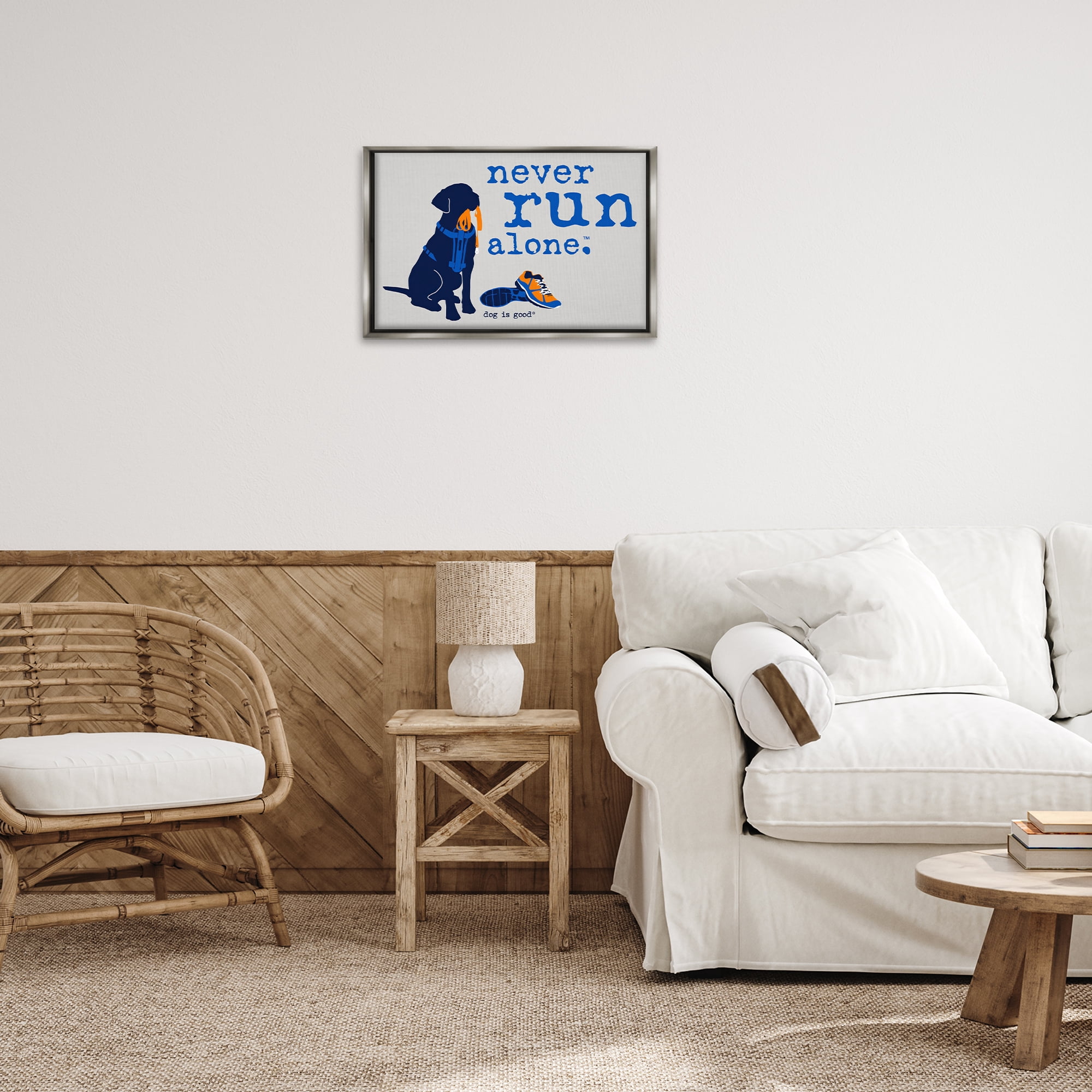 Stupell Industries Never Run Alone Dog Animals Painting Gray Floater Framed Canvas Art Print Wall Art, 25 x 17