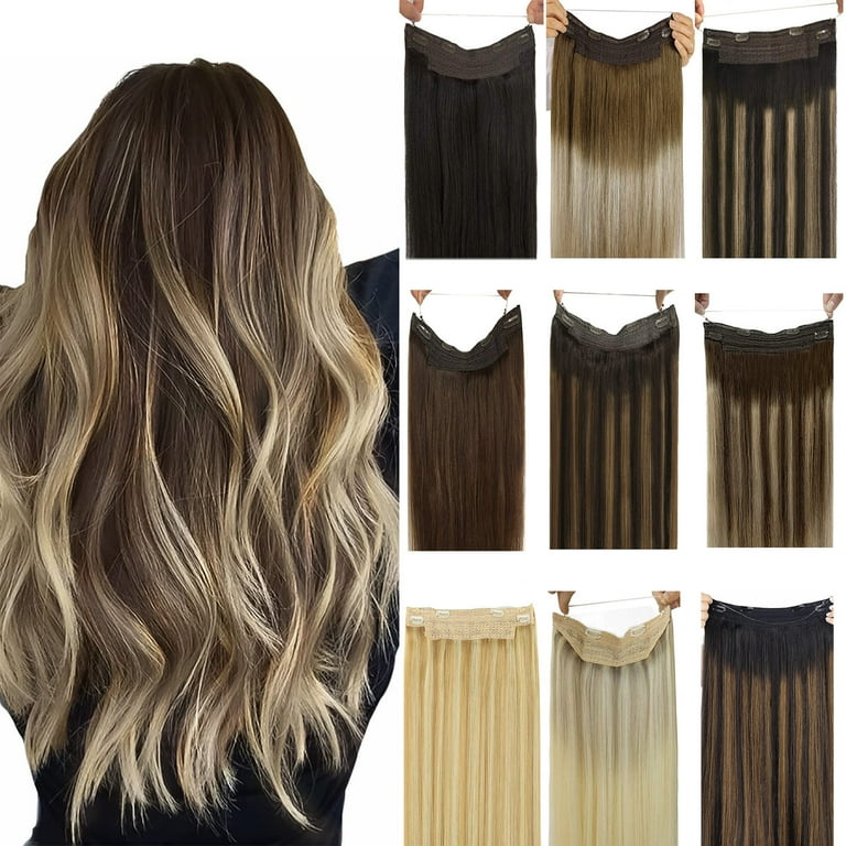 hotbanana Real Human Wire Hair Extensions, Chocolate Brown to Honey Blonde,  Invisible Wire Fish Line,20 inch 