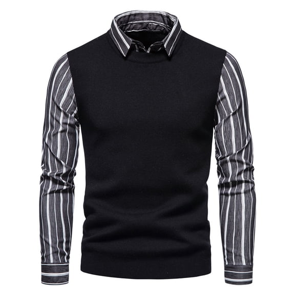 ZKCCNUK Men Casual Pullover Stripe Fake Two Splicing Turndown Butts Sweater