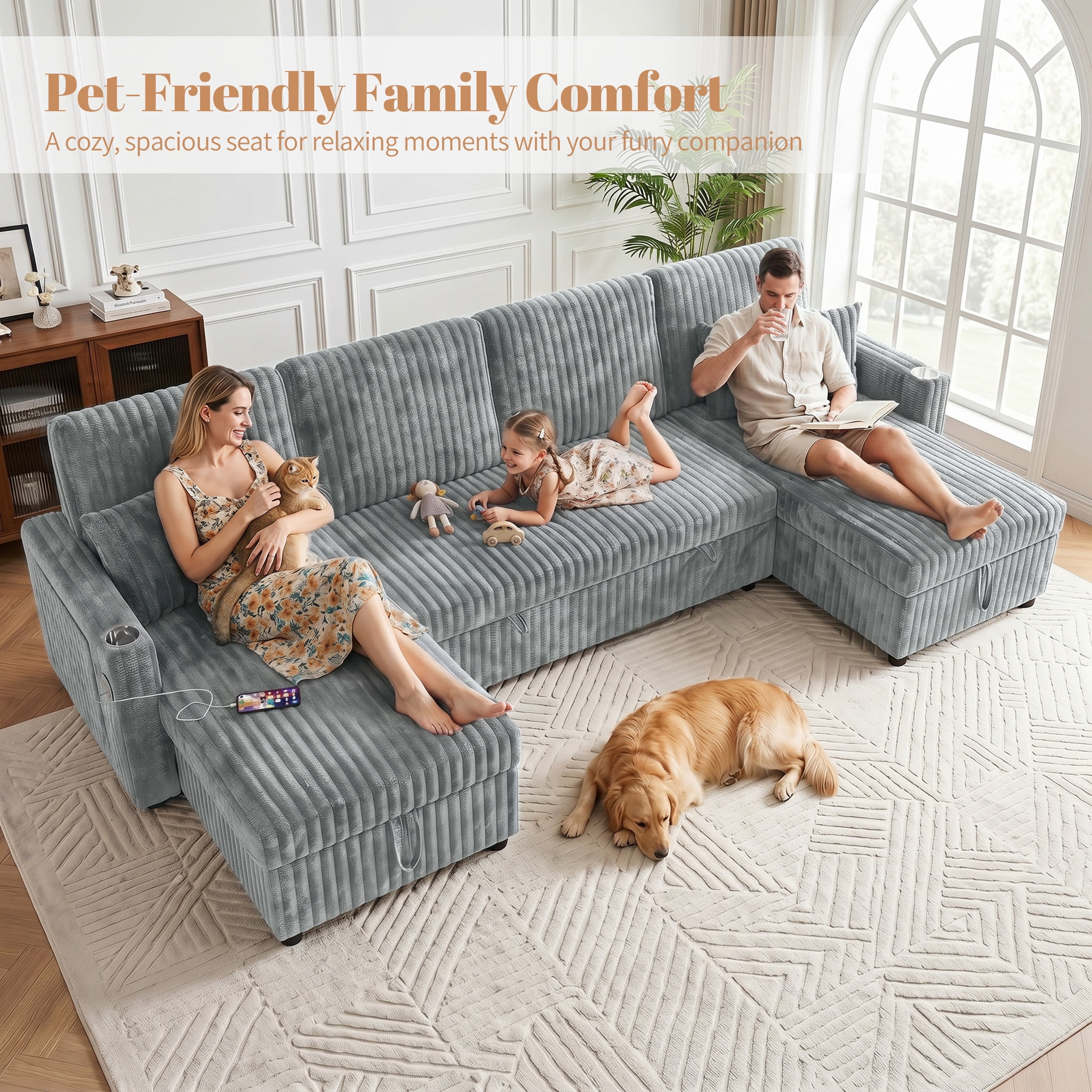 Aenkyo 110" U-Shaped Sleeper Sofa with Pull Out Bed, Storage Chaises and USB, Light Gray