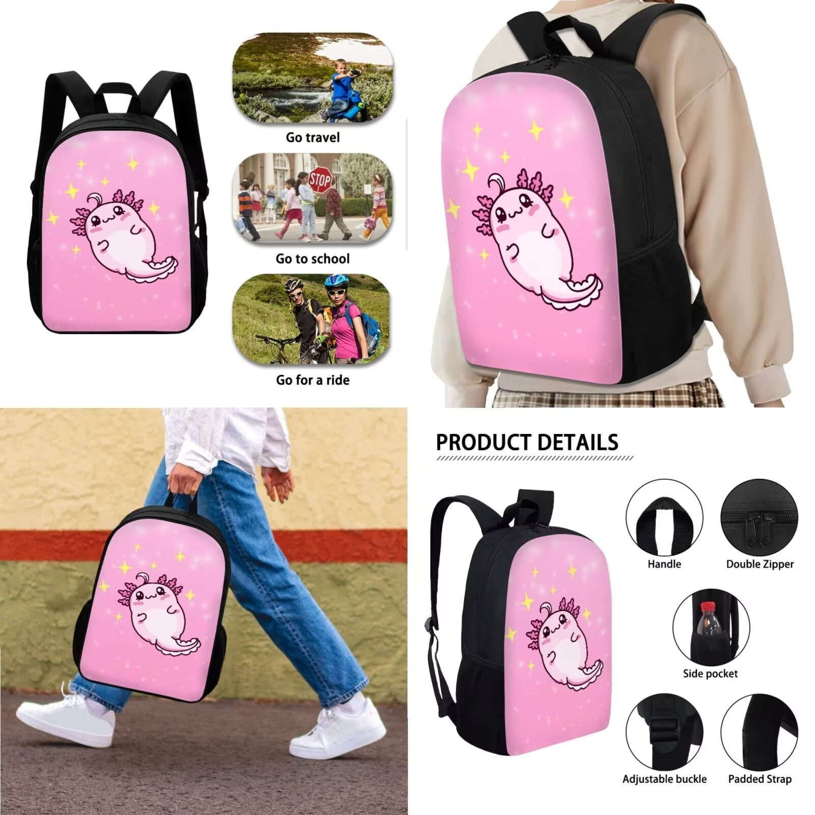 XYZCANDO Cartoon Axolotl Star Pink Print Backpack Set 3 Pack for Student 17-inch Travel Laptop Bag with Lunch Bag and Pencil Box Rucksack Daypack for Women Men Outdoor Camping