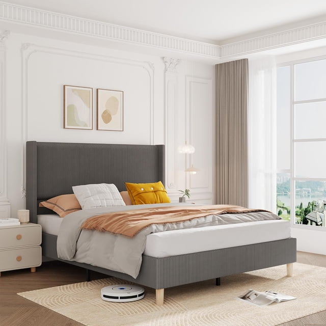 Queen Size Bed Frame with Headboard and Footboard, Corduroy Upholstered, Sturdy Structure, Easy Assembly,No Box Spring Needed