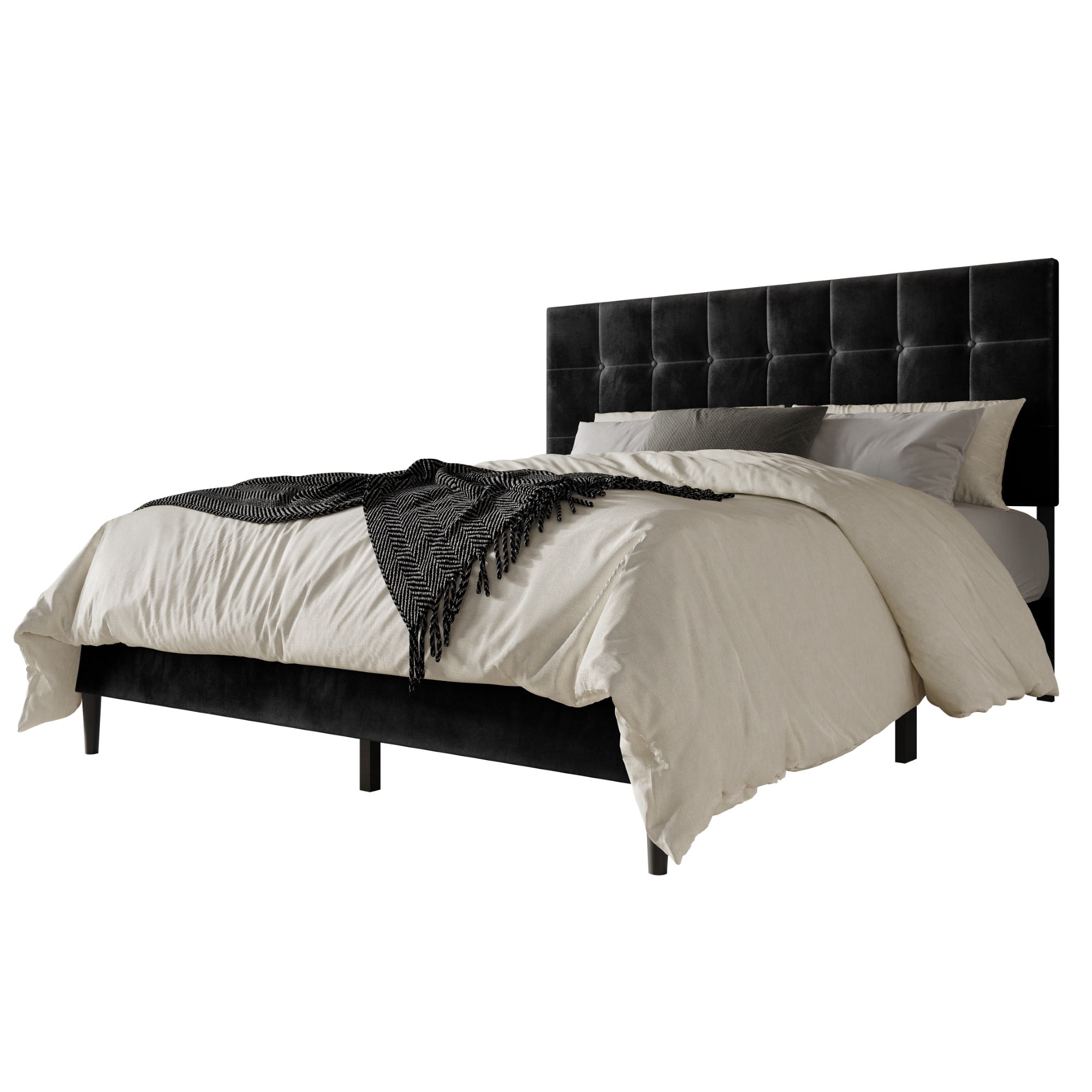 Home Design Marion Twin Tufted Upholstered Platform Bed Frame with Tufted Headboard and Plush Padding, Black, Easy Assembly