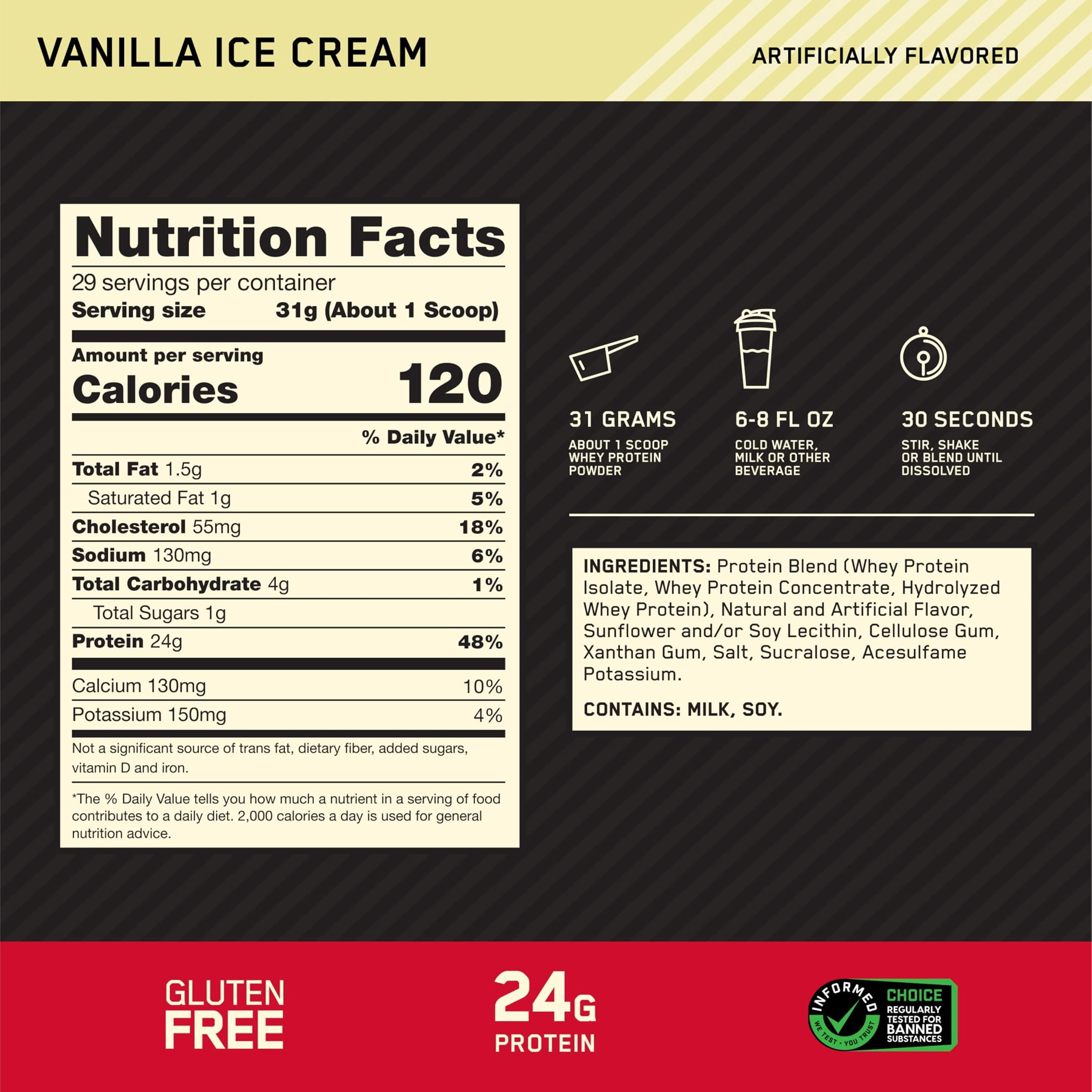 Optimum Nutrition Gold Standard 100% Whey Protein Powder, Vanilla Ice Cream, 24g Protein, 2 Lb