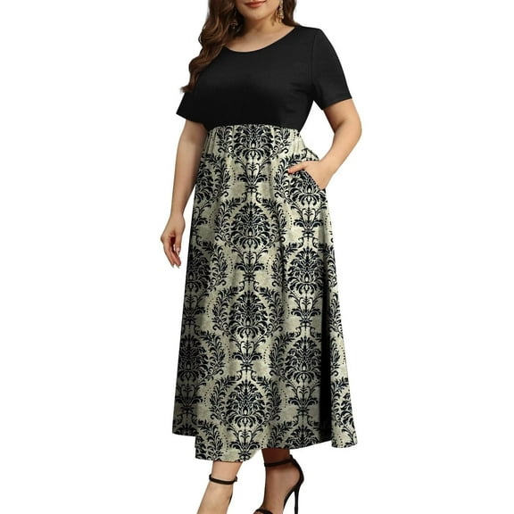 FOLUNSI Women's Plus Size 2XL Casual Long Maxi Dress in Beach Hat Design, 95% Polyester