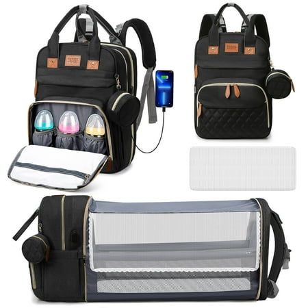 Diaper Bag Backpack, Portable Baby Bag with Changing Station, Large Capacity Baby Diaper Bags W/ USB Charging Port & Insulated Pocket, Multipurpose Waterproof Travel Backpack W/ Stroller Straps,Black