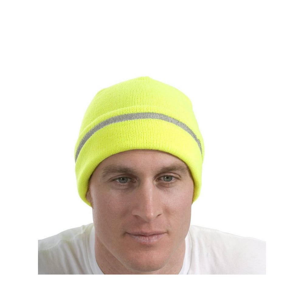 Safety Beanie Cap With Reflective Stripe, Color: Yellow, Size: One Size ...