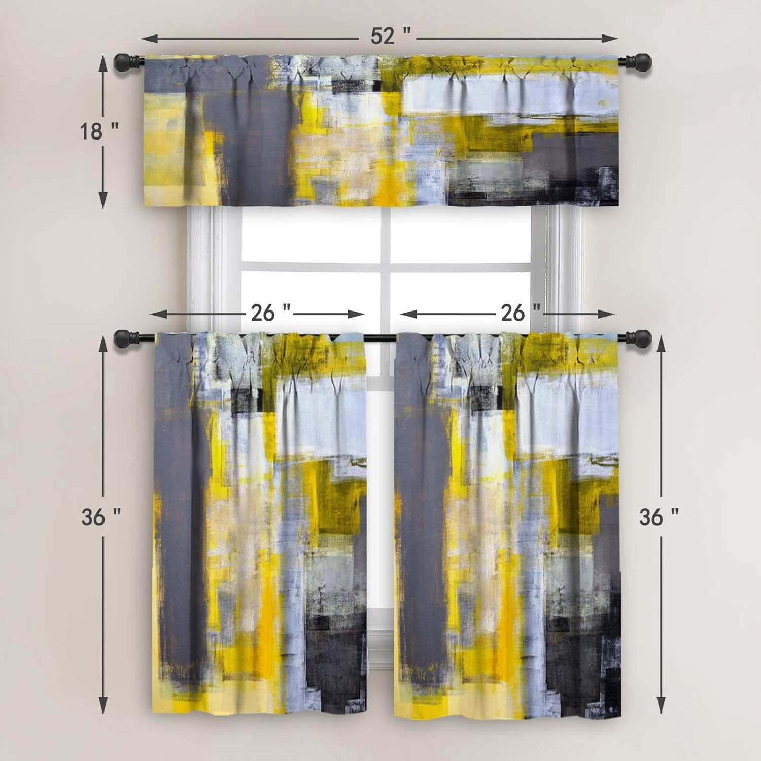 Grey Yellow Blackout Kitchen Curtains Tiers and Valances Set 3 Piece for Windows Modern Abstract Art Kitchen Window Curtains Set,Black Contemporary Trendy Valances for Living Room(36" Tiers Set)