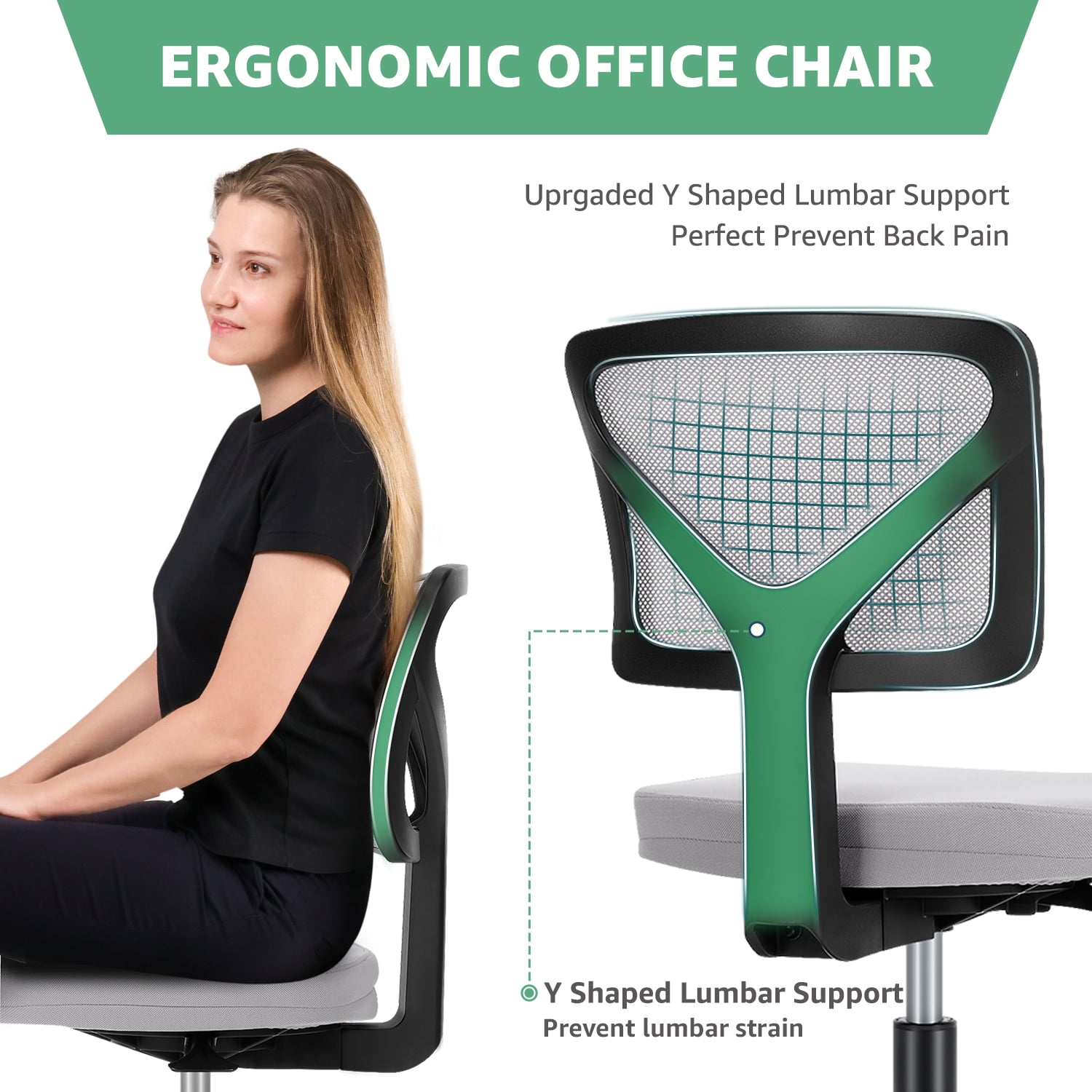 MAYEERTY Home Office Desk Chair, Armless Mesh Computer Chair Small Space Swivel Adjustable Low Back Task Chair for Teens/Adults, Gray