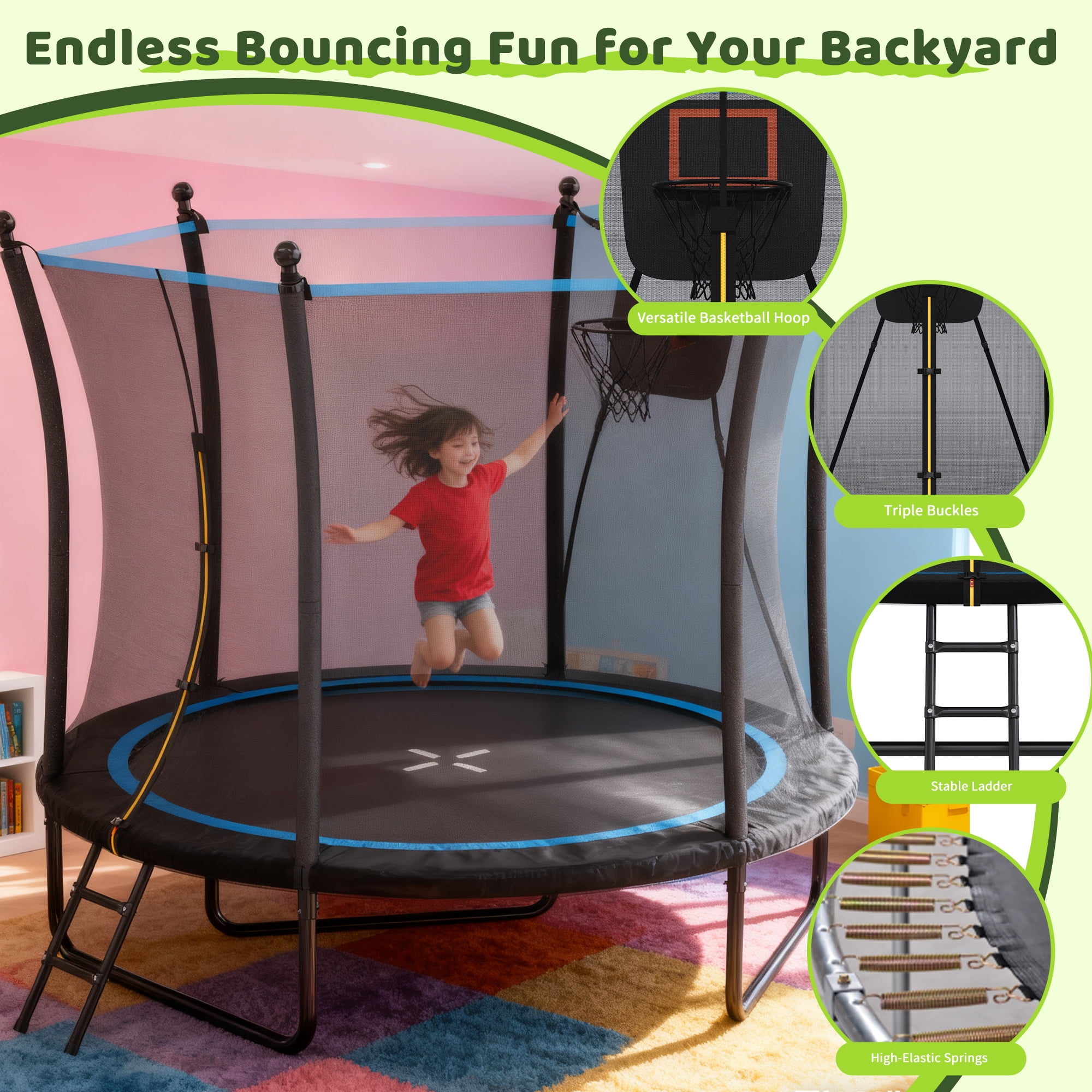 Arspjes 8FT Trampoline for Kids,Outdoor Trampoline with Enclosure net and Ladder,Backyard Recreational Trampoline,Black