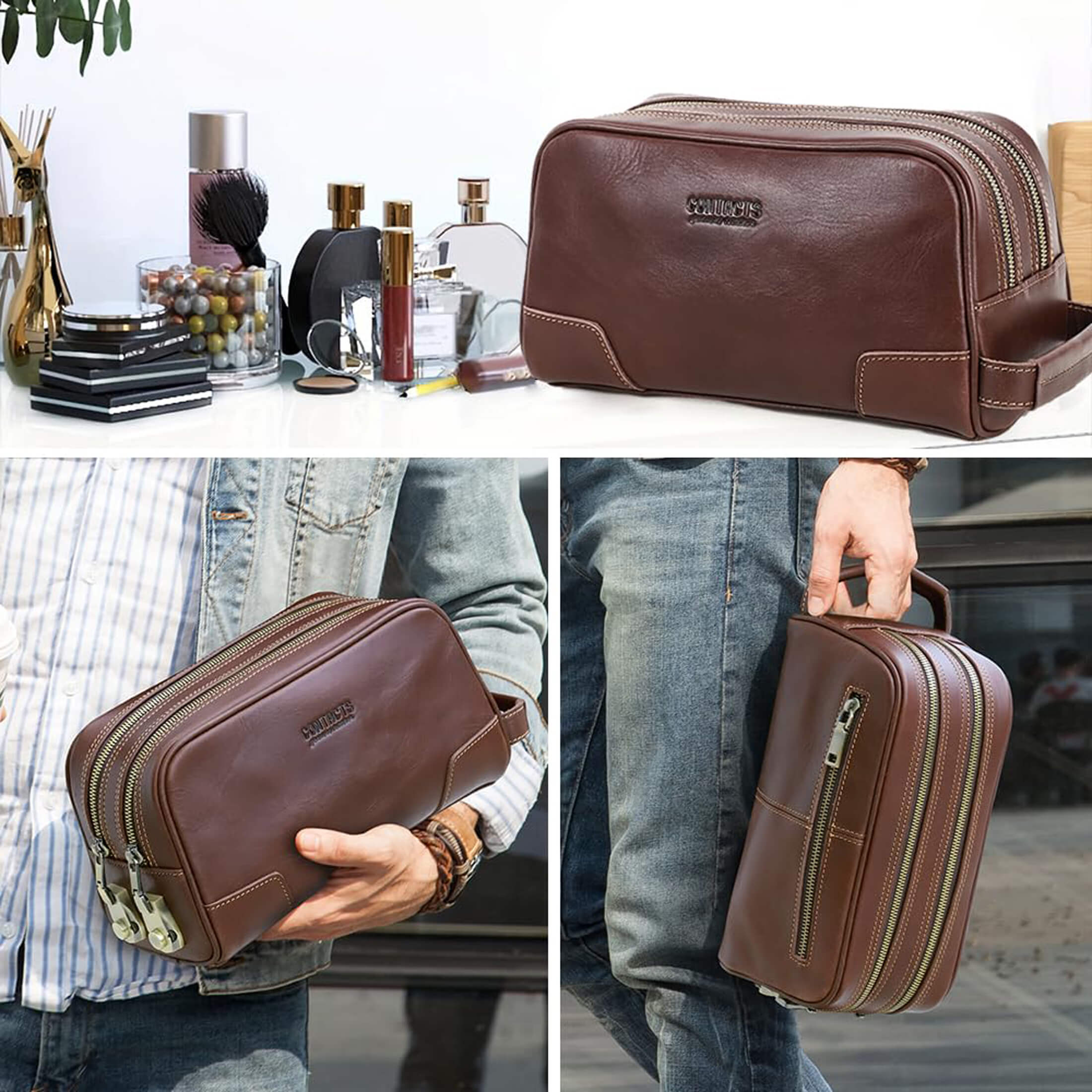 Contact's Men's Clutch Purse Bag , Toiletry Bag with Lock for Men, Shaving Dopp Kit Organizer Clutch, Valentine Gift, Coffee