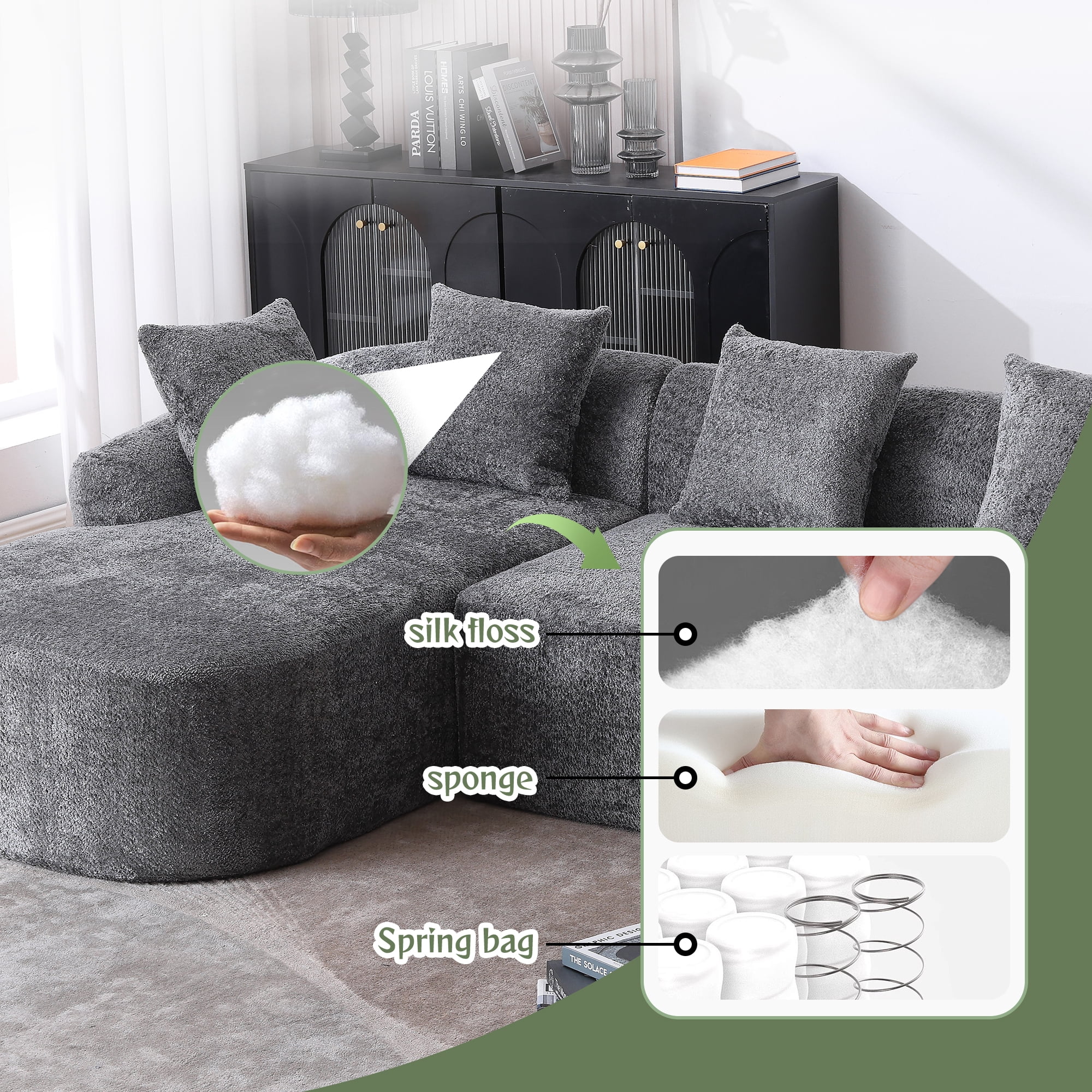 MAYEERTY Boucle Sofa 3 Seater for Living Room Oversized Comfy Sofa L-Shape Sofa Couch with Chaise Home Furniture Sleeper Sectional Sofa for Apartment, Office Left Hand Facing (Gray)