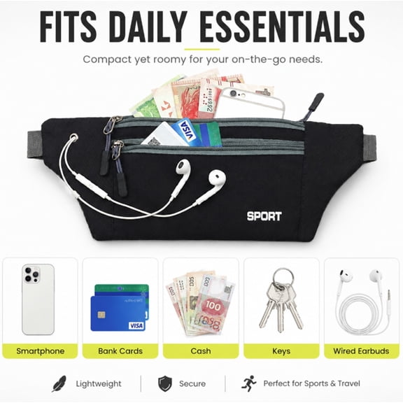 Sports Waist Pack, Fanny Pack with Zippered Pockets and Adjustable Belt for Running, Hiking, Cycling and Travel, TIKA